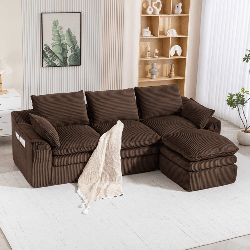 Sofá modular de 3 lugares com otomana - tecido de veludo cotelê, almofadas incluídas, 2 bolsos laterais, espuma de 3 camadas + molas de alta resiliência, design modular combinável - castanho