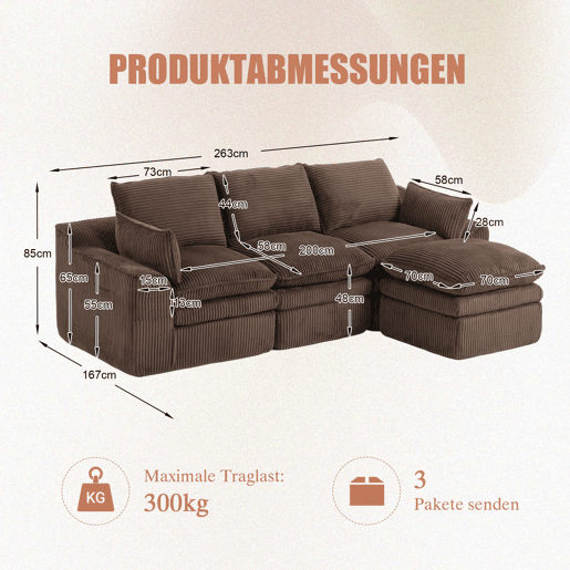 Sofá modular de 3 lugares com otomana - tecido de veludo cotelê, almofadas incluídas, 2 bolsos laterais, espuma de 3 camadas + molas de alta resiliência, design modular combinável - castanho