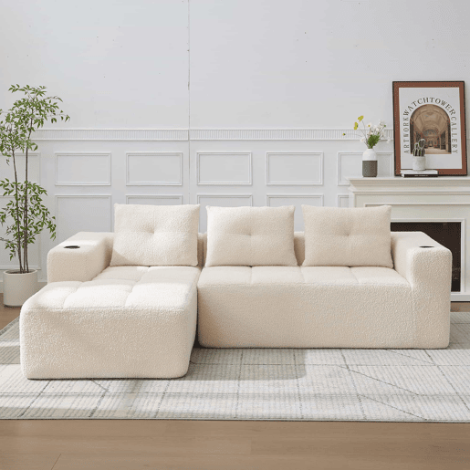 Sofá de canto de 255 cm - clássico, minimalista e confortável, com 3 lugares - bege