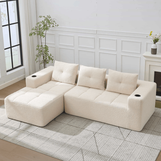 Sofá de canto de 255 cm - clássico, minimalista e confortável, com 3 lugares - bege