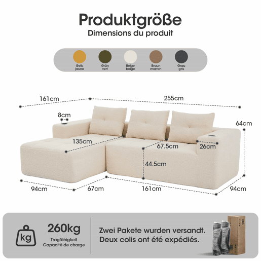 Sofá de canto de 255 cm - clássico, minimalista e confortável, com 3 lugares - bege