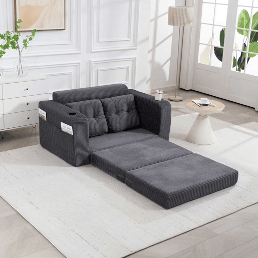 Sofá pufe de 2 lugares - conversível sem estrutura, com porta-copos, bolsos laterais, almofadas acolchoadas e encosto - cinzento