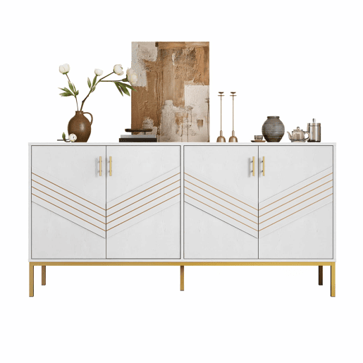 Aparador moderno - com 4 portas, prateleiras ajustáveis e grande capacidade, design elegante em MDF com pés metálicos - branco e dourado
