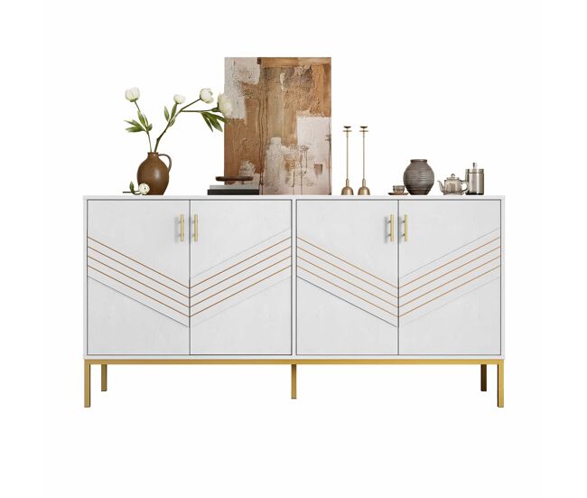 Aparador moderno - con 4 puertas, estantes ajustables y gran capacidad, diseño elegante en mdf con patas metálicas - blanco y dorado