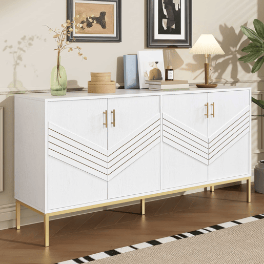 Aparador moderno - com 4 portas, prateleiras ajustáveis e grande capacidade, design elegante em MDF com pés metálicos - branco e dourado