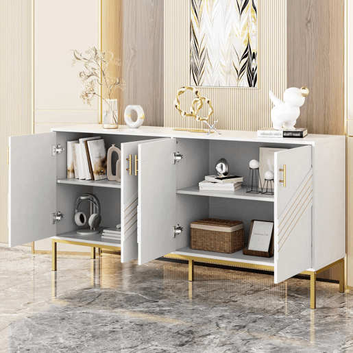 Aparador moderno - com 4 portas, prateleiras ajustáveis e grande capacidade, design elegante em MDF com pés metálicos - branco e dourado