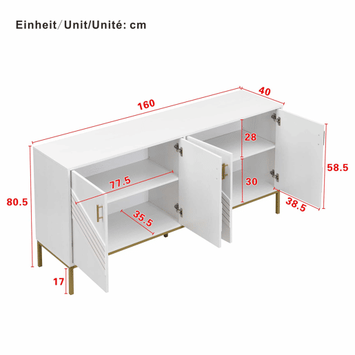 Aparador moderno - com 4 portas, prateleiras ajustáveis e grande capacidade, design elegante em MDF com pés metálicos - branco e dourado