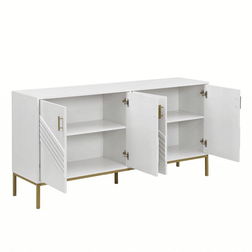 Aparador moderno - com 4 portas, prateleiras ajustáveis e grande capacidade, design elegante em MDF com pés metálicos - branco e dourado