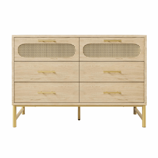 Cômoda 120x40x74 cm - 6 gavetas, puxadores de metal, proteção contra tombamento - Carvalho Sonoma