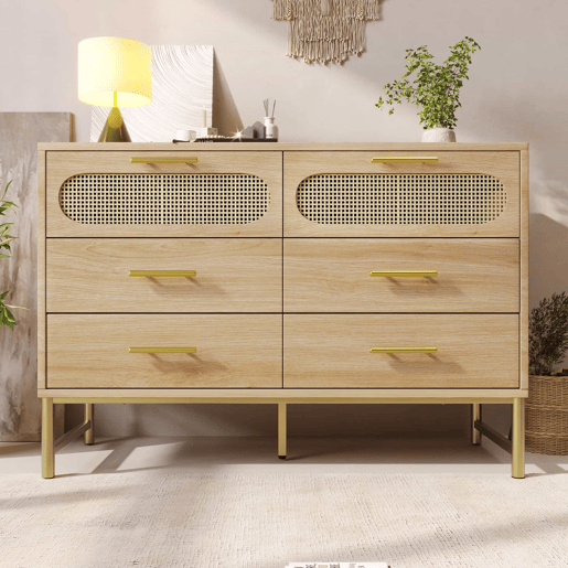 Cômoda 120x40x74 cm - 6 gavetas, puxadores de metal, proteção contra tombamento - Carvalho Sonoma