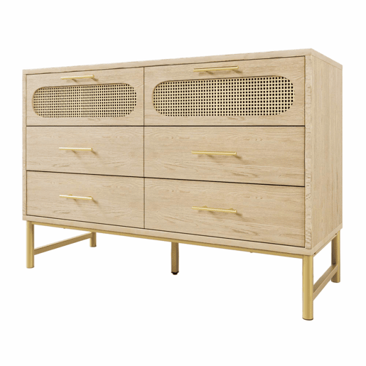 Cômoda 120x40x74 cm - 6 gavetas, puxadores de metal, proteção contra tombamento - Carvalho Sonoma