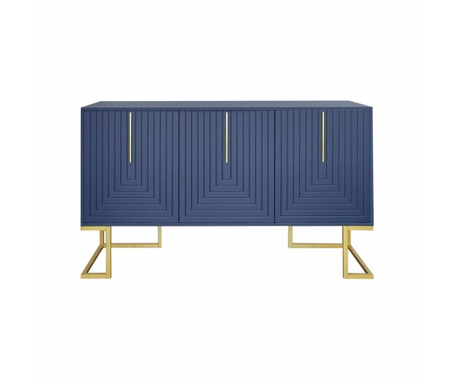 Aparador moderno con estantes regulables - 3 puertas en forma de u - tiradores y base de metal - azul