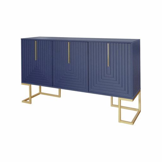 Aparador moderno com prateleiras reguláveis - 3 portas em forma de U - puxadores e base em metal - Azul