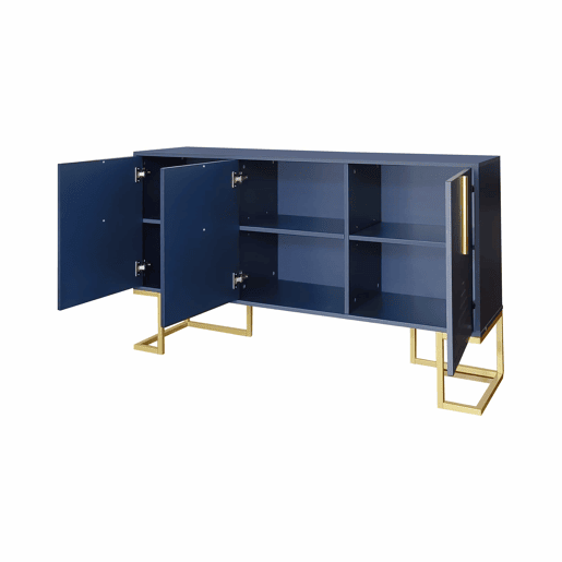 Aparador moderno com prateleiras reguláveis - 3 portas em forma de U - puxadores e base em metal - Azul