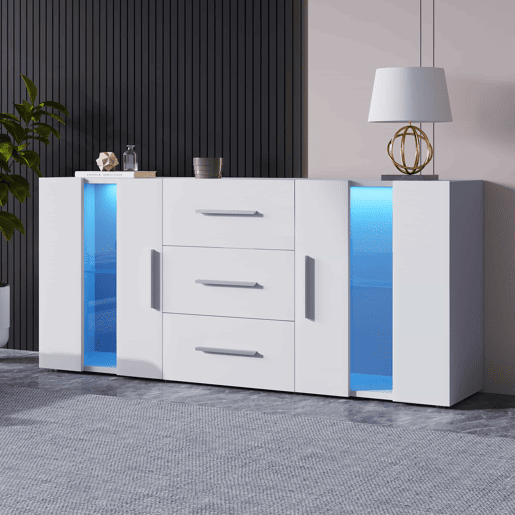 Aparador baixo com LED - 2 portas e 3 gavetas - prateleiras reguláveis - Branco