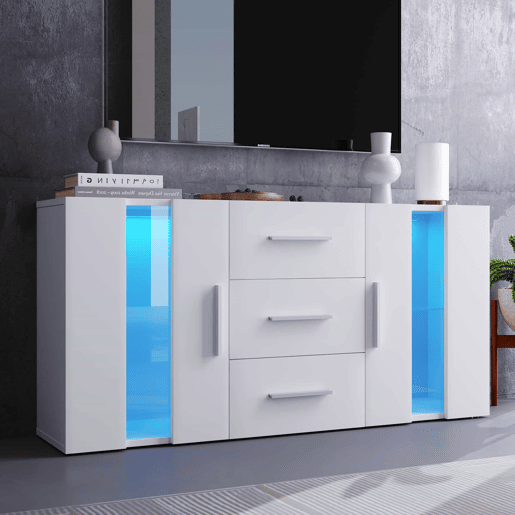 Aparador baixo com LED - 2 portas e 3 gavetas - prateleiras reguláveis - Branco