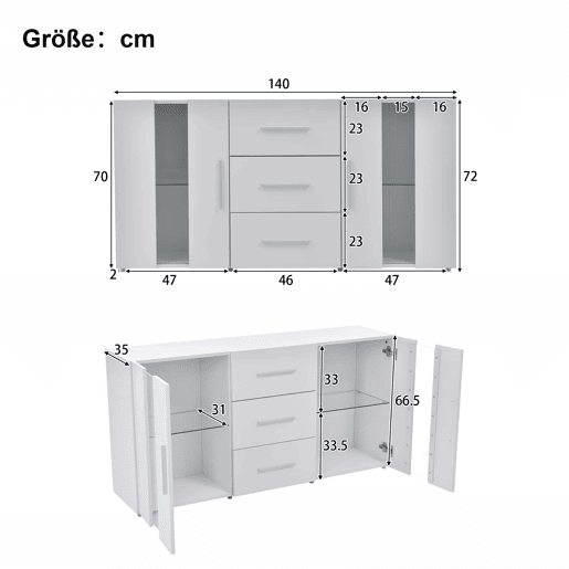 Aparador baixo com LED - 2 portas e 3 gavetas - prateleiras reguláveis - Branco