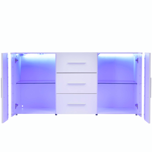 Aparador baixo com LED - 2 portas e 3 gavetas - prateleiras reguláveis - Branco