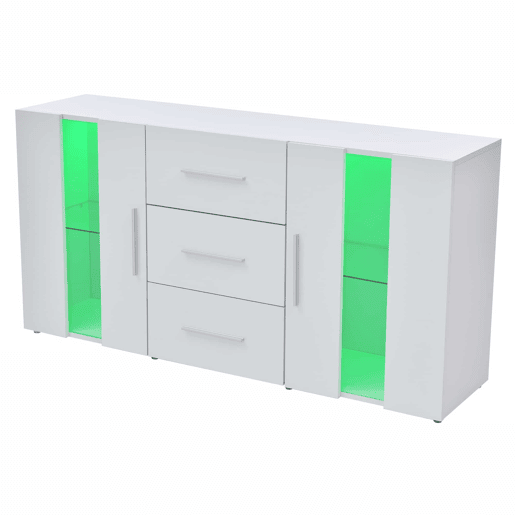 Aparador baixo com LED - 2 portas e 3 gavetas - prateleiras reguláveis - Branco