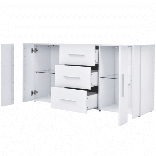 Aparador baixo com LED - 2 portas e 3 gavetas - prateleiras reguláveis - Branco
