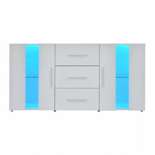 Aparador baixo com LED - 2 portas e 3 gavetas - prateleiras reguláveis - Branco