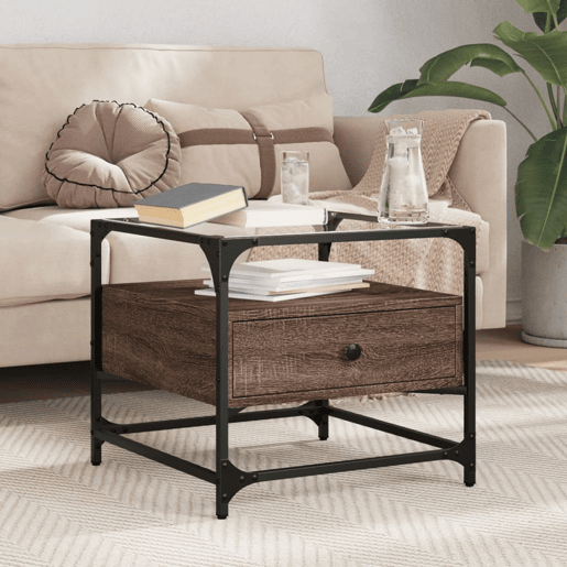 Mesa de Centro, Mesa baixa, c topo vidro 50x50x45 cm carvalho castanho aço