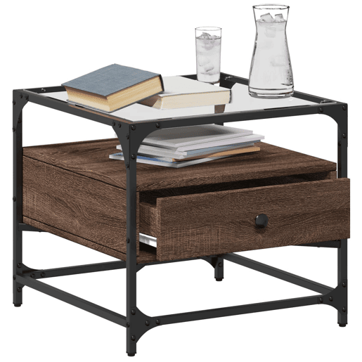 Mesa de Centro, Mesa baixa, c topo vidro 50x50x45 cm carvalho castanho aço