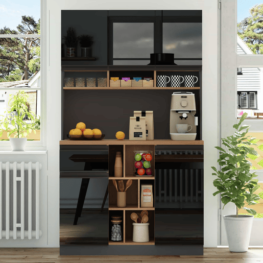 Armário de cozinha 105x45x185 cm - Aparador, prateleiras ajustáveis, gavetas, acessórios anticaída - cinza + preto