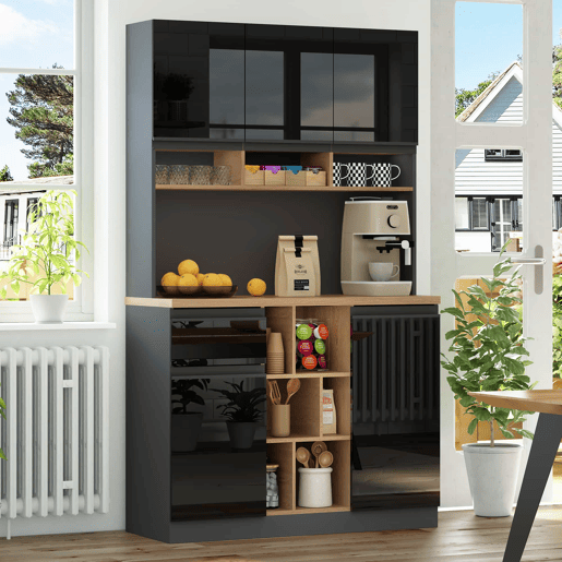 Armário de cozinha 105x45x185 cm - Aparador, prateleiras ajustáveis, gavetas, acessórios anticaída - cinza + preto