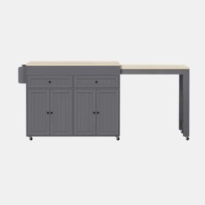 Ilha de cozinha móvel 180,5 × 45 × 92,2 cm - Com área de jantar extensível, bancada e gavetas - Cinza + Natural