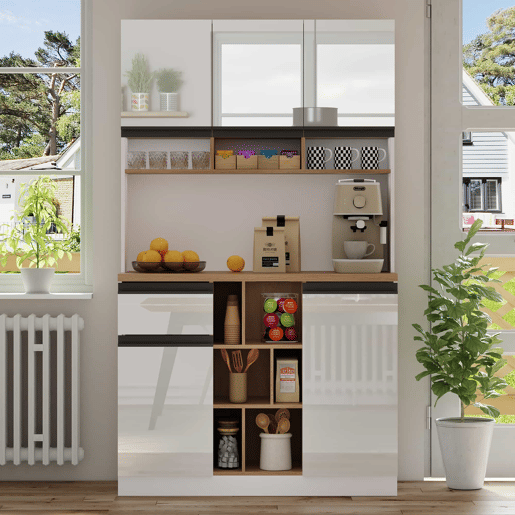 Armário de cozinha 105×45×185 cm - Buffet, aparador, portas lacadas, puxadores metálicos, prateleiras ajustáveis, gavetas, arrumação aberta, proteção contra tombamento - Branco Armário de cozinha 105×45×185 cm - Buffet, aparador, portas lacadas, puxadores metálicos, prateleiras ajustáveis, gavetas, arrumação aberta, proteção contra tombamento - Branco