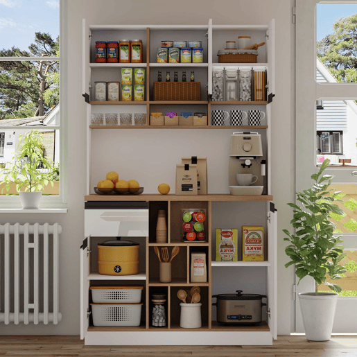 Armário de cozinha 105×45×185 cm - Buffet, aparador, portas lacadas, puxadores metálicos, prateleiras ajustáveis, gavetas, arrumação aberta, proteção contra tombamento - Branco Armário de cozinha 105×45×185 cm - Buffet, aparador, portas lacadas, puxadores metálicos, prateleiras ajustáveis, gavetas, arrumação aberta, proteção contra tombamento - Branco