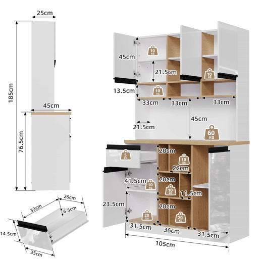 Armário de cozinha 105×45×185 cm - Buffet, aparador, portas lacadas, puxadores metálicos, prateleiras ajustáveis, gavetas, arrumação aberta, proteção contra tombamento - Branco Armário de cozinha 105×45×185 cm - Buffet, aparador, portas lacadas, puxadores metálicos, prateleiras ajustáveis, gavetas, arrumação aberta, proteção contra tombamento - Branco