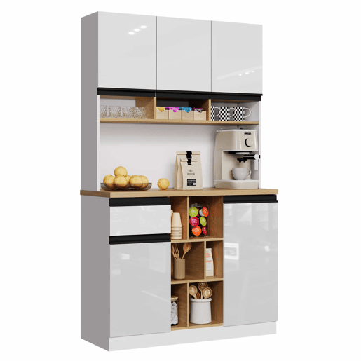 Armário de cozinha 105×45×185 cm - Buffet, aparador, portas lacadas, puxadores metálicos, prateleiras ajustáveis, gavetas, arrumação aberta, proteção contra tombamento - Branco Armário de cozinha 105×45×185 cm - Buffet, aparador, portas lacadas, puxadores metálicos, prateleiras ajustáveis, gavetas, arrumação aberta, proteção contra tombamento - Branco