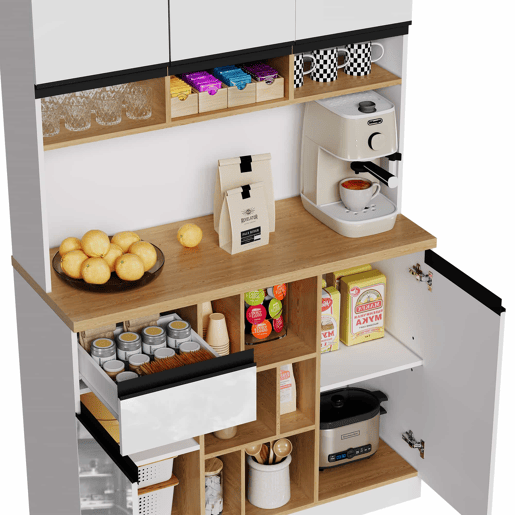 Armário de cozinha 105×45×185 cm - Buffet, aparador, portas lacadas, puxadores metálicos, prateleiras ajustáveis, gavetas, arrumação aberta, proteção contra tombamento - Branco Armário de cozinha 105×45×185 cm - Buffet, aparador, portas lacadas, puxadores metálicos, prateleiras ajustáveis, gavetas, arrumação aberta, proteção contra tombamento - Branco
