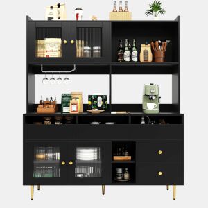 Armário de sala de jantar 145x39x171 cm - portas de vidro perfurado, prateleira para copos de vinho, armazenamento em várias camadas - preto com detalhes dourados