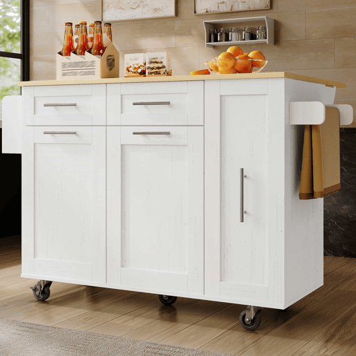 Ilha de cozinha moderna - Armário de cozinha, aparador, carrinho de refeições em madeira, mesa multifuncional com arrumação - Branco