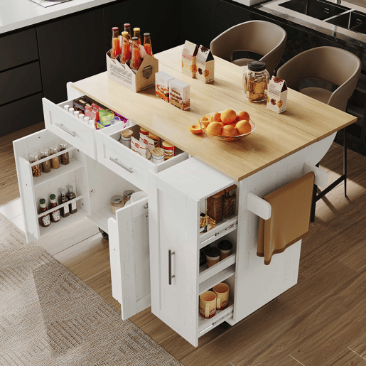 Ilha de cozinha moderna - Armário de cozinha, aparador, carrinho de refeições em madeira, mesa multifuncional com arrumação - Branco