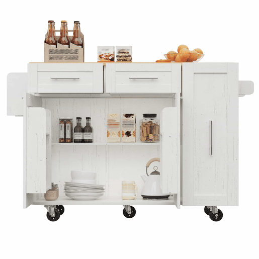 Ilha de cozinha moderna - Armário de cozinha, aparador, carrinho de refeições em madeira, mesa multifuncional com arrumação - Branco