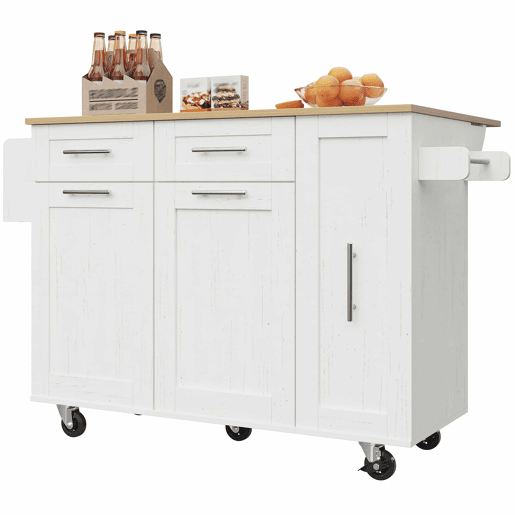 Ilha de cozinha moderna - Armário de cozinha, aparador, carrinho de refeições em madeira, mesa multifuncional com arrumação - Branco