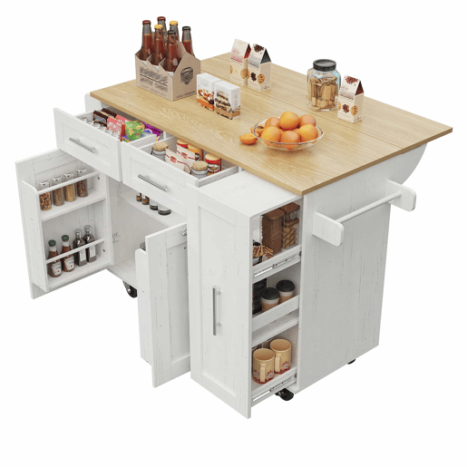 Ilha de cozinha moderna - Armário de cozinha, aparador, carrinho de refeições em madeira, mesa multifuncional com arrumação - Branco