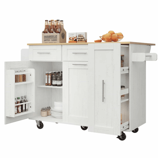 Ilha de cozinha moderna - Armário de cozinha, aparador, carrinho de refeições em madeira, mesa multifuncional com arrumação - Branco