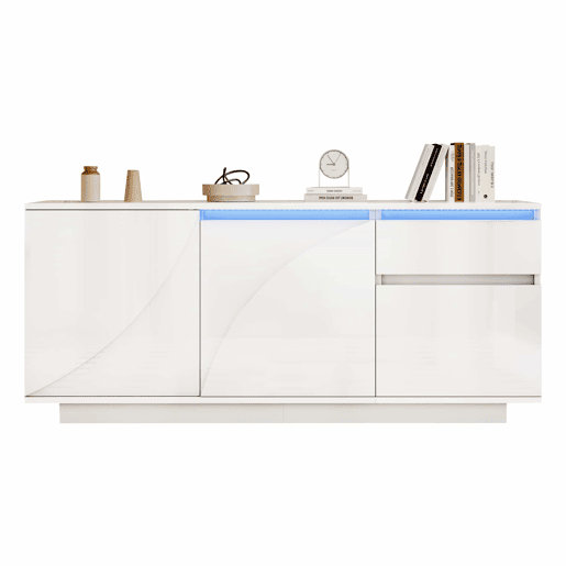Aparador 140x40x60 cm - 3 portas, 1 gaveta, com LED e prateleiras ajustáveis - Branco