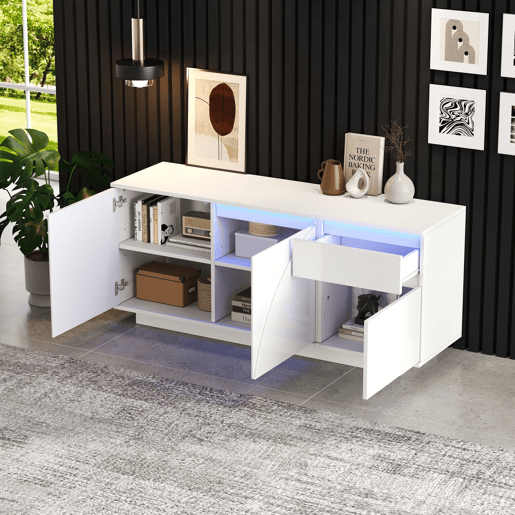 Aparador 140x40x60 cm - 3 portas, 1 gaveta, com LED e prateleiras ajustáveis - Branco