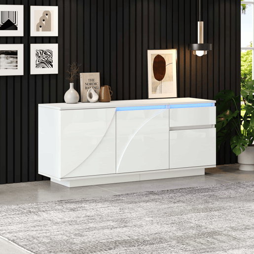 Aparador 140x40x60 cm - 3 portas, 1 gaveta, com LED e prateleiras ajustáveis - Branco