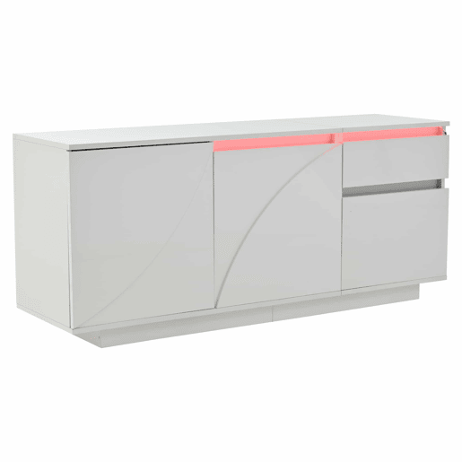 Aparador 140x40x60 cm - 3 portas, 1 gaveta, com LED e prateleiras ajustáveis - Branco