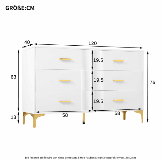 Cômoda 120x40x76 cm - Cômoda com 6 gavetas - Branca