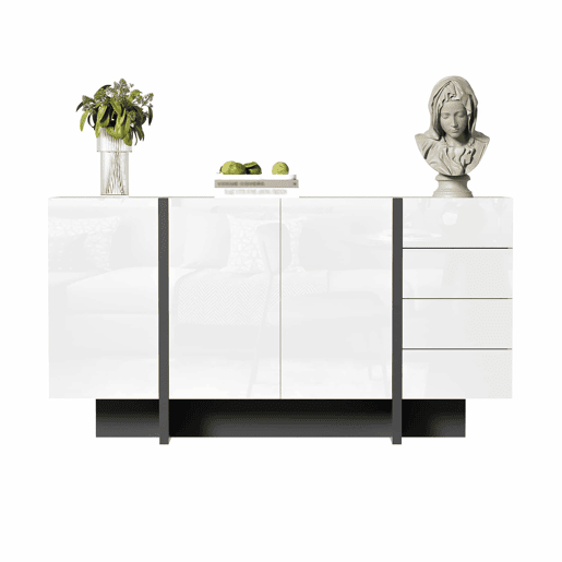 Aparador branco de alto brilho - 2 portas, 4 gavetas, design moderno e simples - Branco+Preto