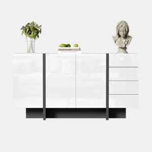 Aparador branco de alto brilho - 2 portas, 4 gavetas, design moderno e simples - Branco+Preto