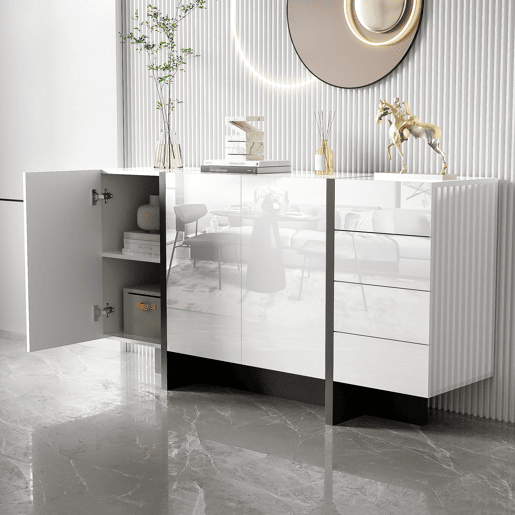 Aparador branco de alto brilho - 2 portas, 4 gavetas, design moderno e simples - Branco+Preto